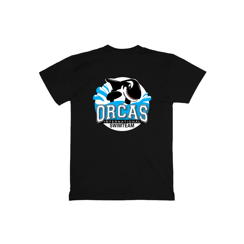 T-shirt featuring the Orcas International Swim Team logo design.