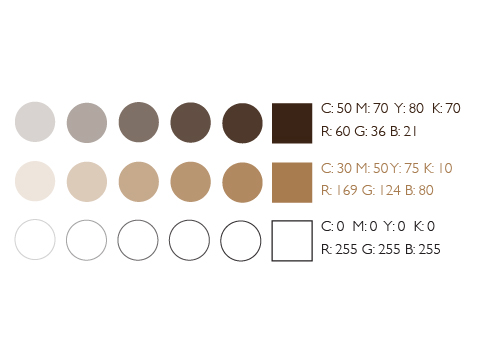 Upper Crust Bakery custom color palette selections consist of a dark brown and a toffee brown along with pure white. The colors are represented and the CMYK and RGB values are noted.