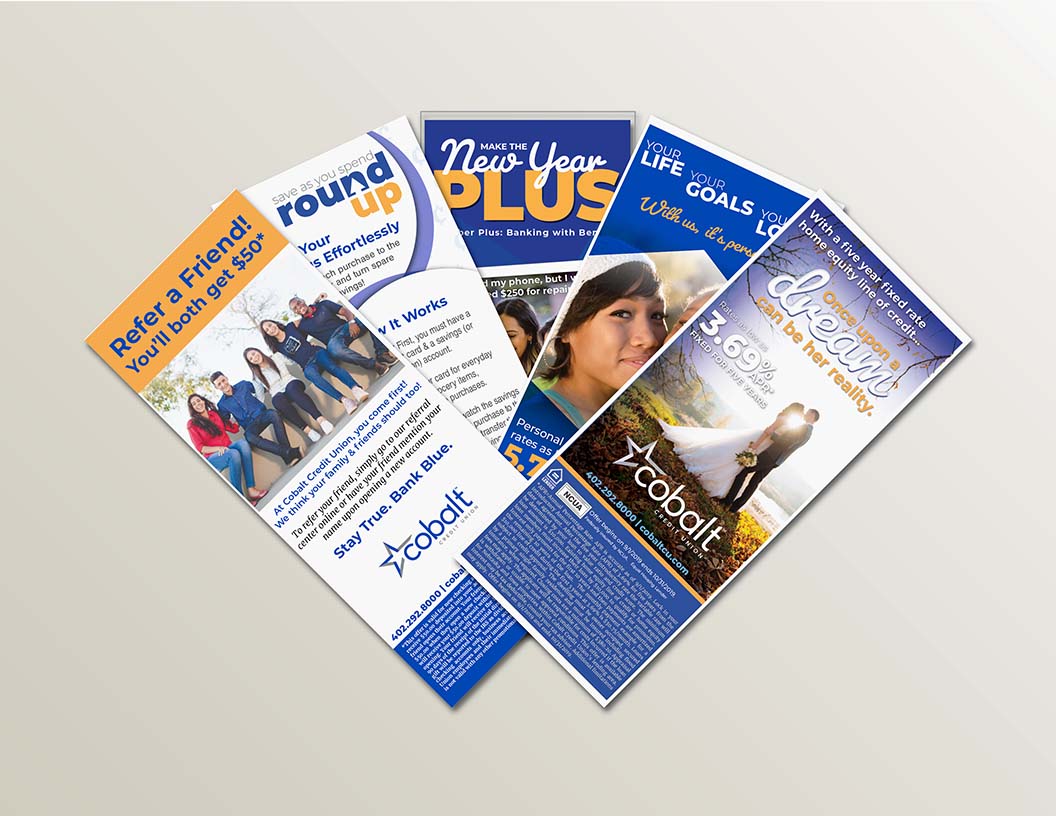 A selection of rack cards for different products, promotions and services