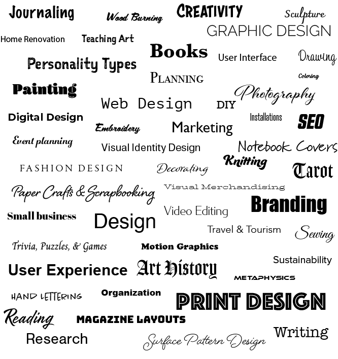 Word cloud of my interests including: design, print design, web design, user experience, video editing, motion graphics, magazine layouts, small business, books, research, planning, organization, painting and more