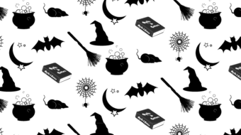 Black and white Halloween graphics pattern of a witch's hat, broom, bubbling cauldron, bat, spiderweb, moon with stars, and Spells & Curses book