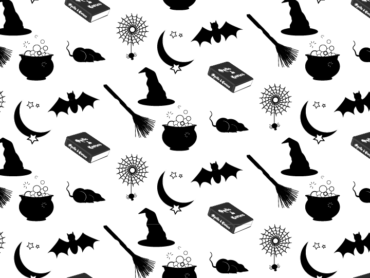 Black and white Halloween graphics pattern of a witch's hat, broom, bubbling cauldron, bat, spiderweb, moon with stars, and Spells & Curses book