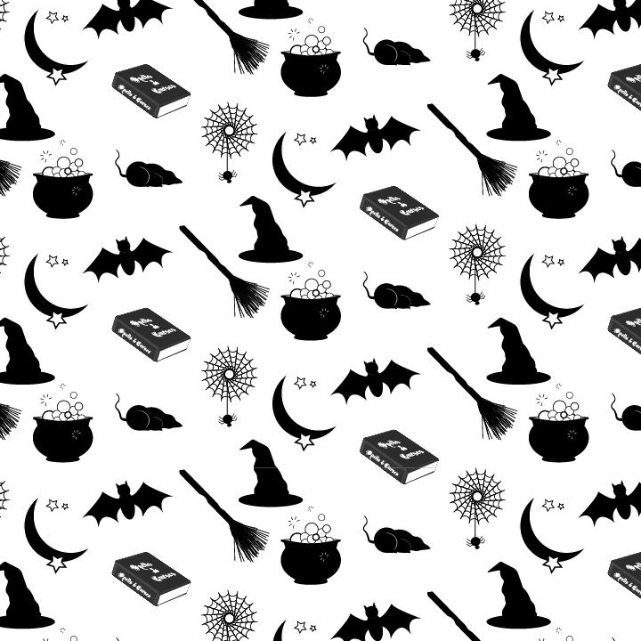 Black and white Halloween graphics pattern of a witch's hat, broom, bubbling cauldron, bat, spiderweb, moon with stars, and Spells & Curses book